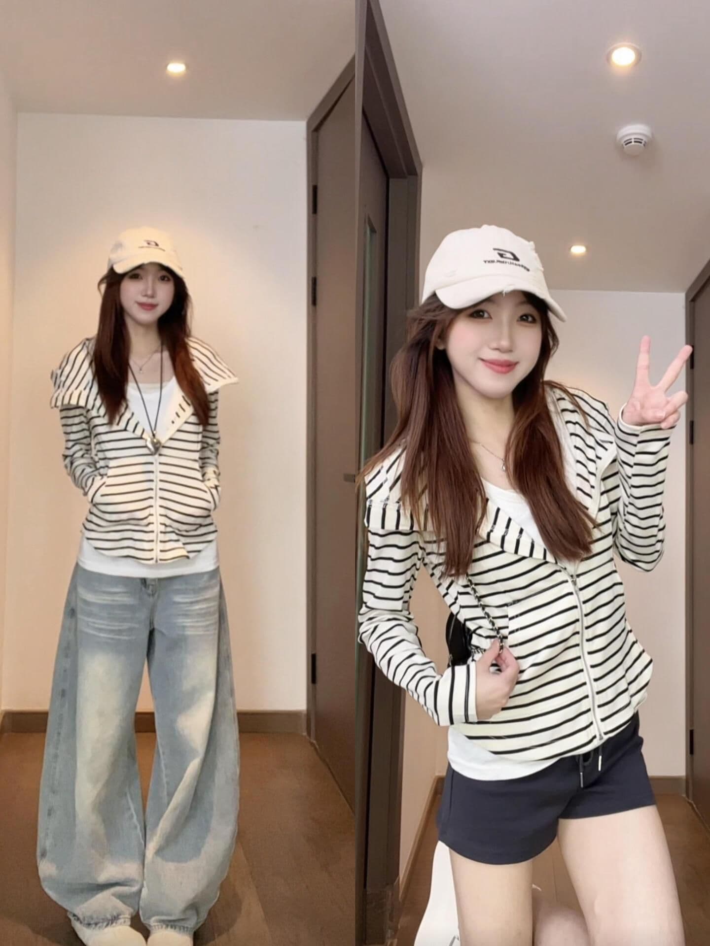 한 부서 조기 가을 스트라이프 후드 티 스웨터 여성 루즈핏 느긋한 긴팔 재킷