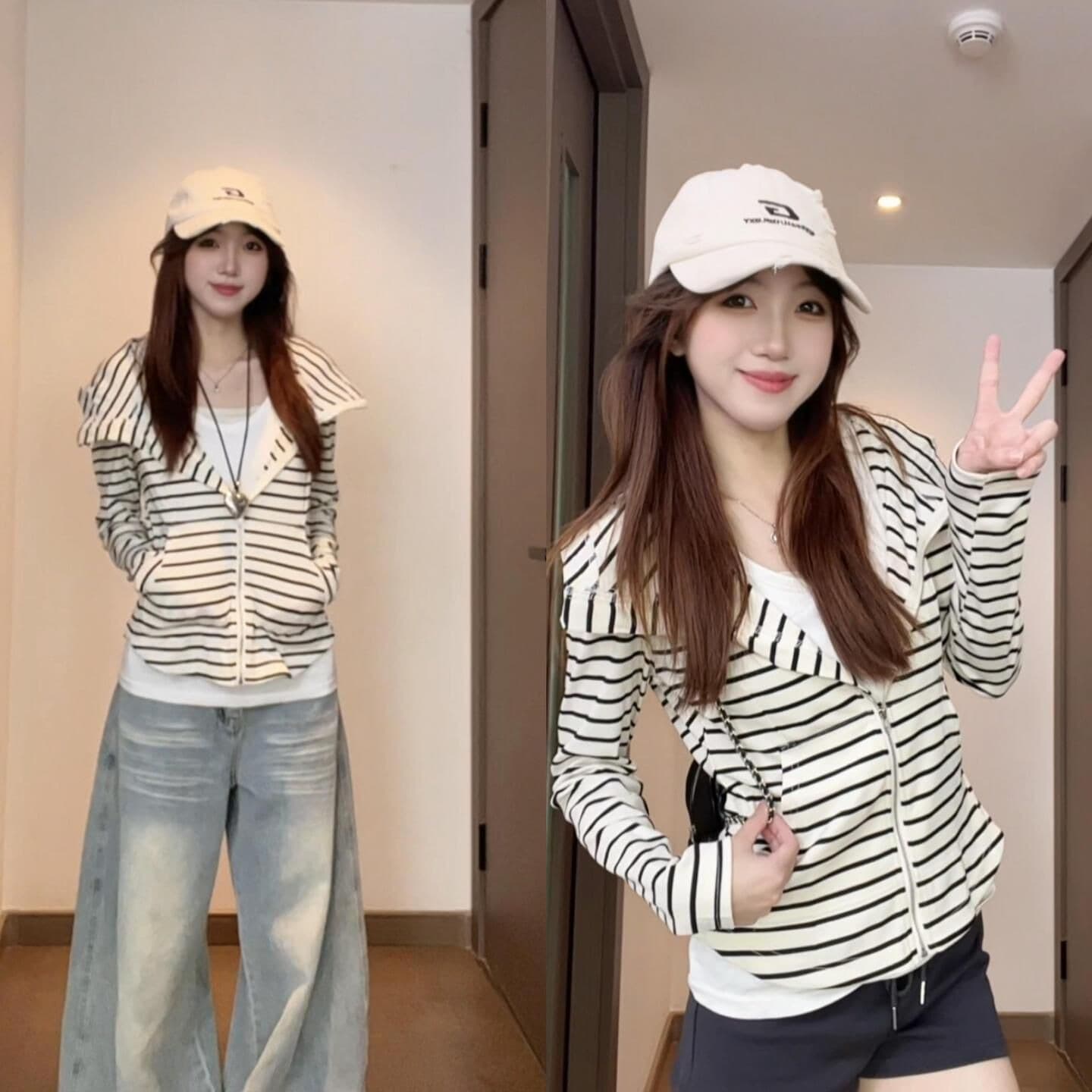 한 부서 조기 가을 스트라이프 후드 티 스웨터 여성 루즈핏 느긋한 긴팔 재킷 이미지 5