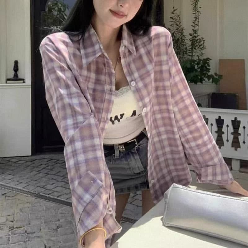 두안무 보라색 2026 봄 새로운 격자 무늬 셔츠 긴팔 BF 바람 자외선 차단 오픈 가디건 외부 가져 가라. 절묘한 고급 싱글 제품 재킷 이미지 3