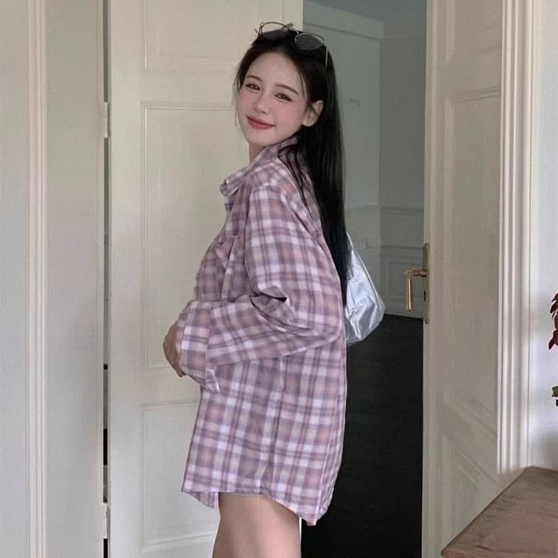 두안무 보라색 2026 봄 새로운 격자 무늬 셔츠 긴팔 BF 바람 자외선 차단 오픈 가디건 외부 가져 가라. 절묘한 고급 싱글 제품 재킷 이미지 2