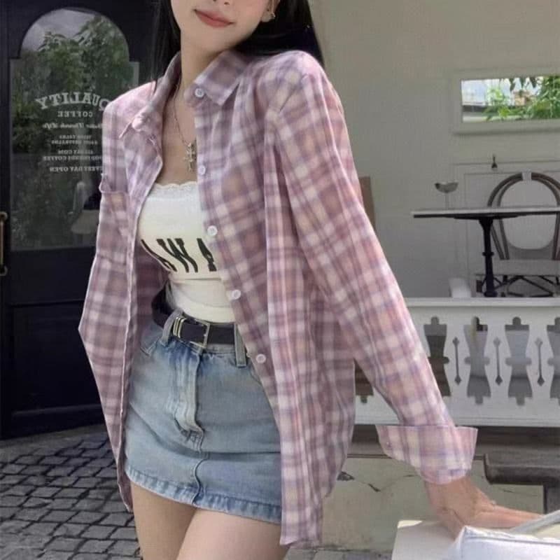 두안무 보라색 2026 봄 새로운 격자 무늬 셔츠 긴팔 BF 바람 자외선 차단 오픈 가디건 외부 가져 가라. 절묘한 고급 싱글 제품 재킷 상세 이미지 1