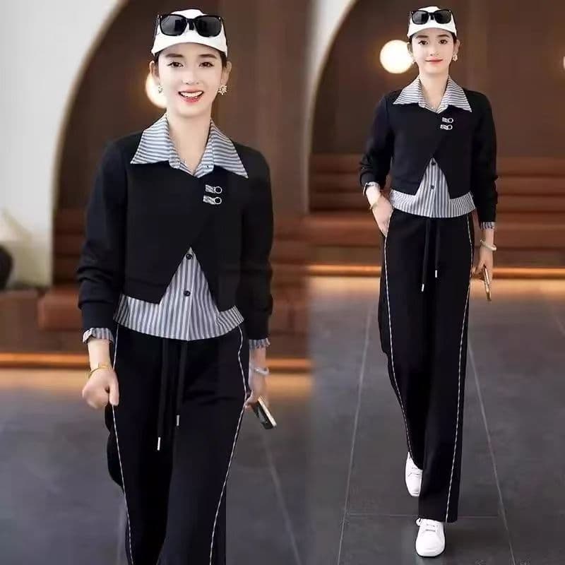 캐주얼 운동복 세트 여성 봄 가을 새로운 한국 스타일 외국 가스 페이크 레이어드 셔츠 후드티 슬림해 보이는 패션 투피스 세트 이미지 2