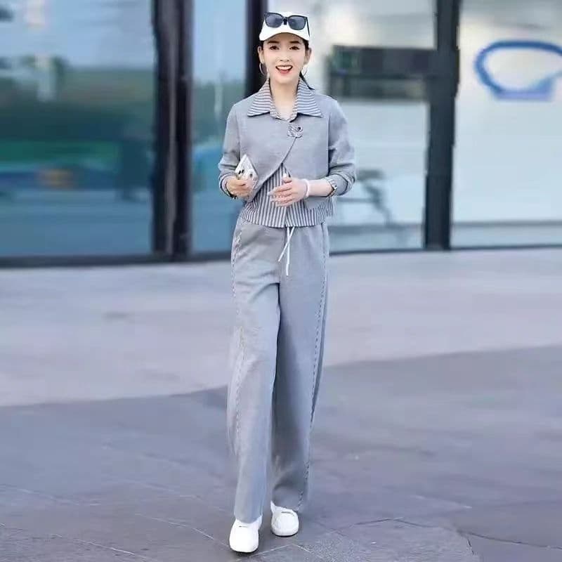 캐주얼 운동복 세트 여성 봄 가을 새로운 한국 스타일 외국 가스 페이크 레이어드 셔츠 후드티 슬림해 보이는 패션 투피스 세트 이미지 4