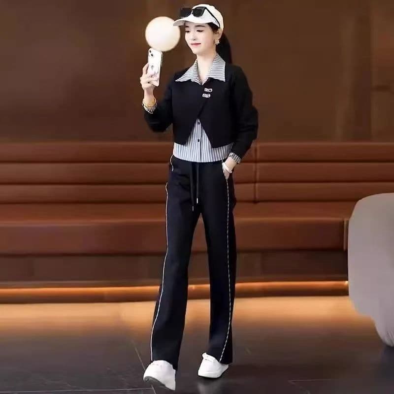 캐주얼 운동복 세트 여성 봄 가을 새로운 한국 스타일 외국 가스 페이크 레이어드 셔츠 후드티 슬림해 보이는 패션 투피스 세트 이미지 3