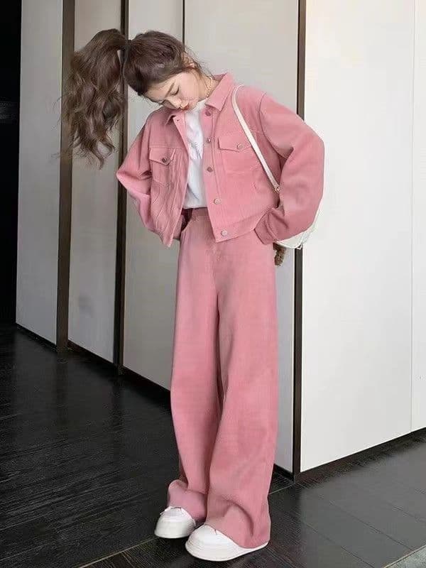 빅 사이즈 지방 mm 스포츠 슈트 여성 봄 가을 새로운 트렌드 패션 재킷 와이드 레그 팬츠 캐주얼 투피스 세트 이미지 2