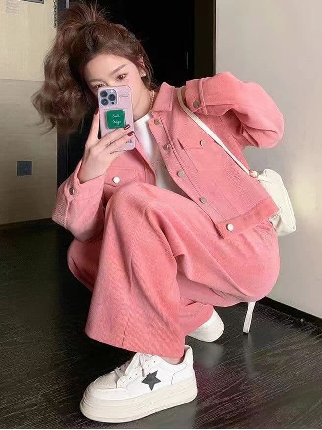 빅 사이즈 지방 mm 스포츠 슈트 여성 봄 가을 새로운 트렌드 패션 재킷 와이드 레그 팬츠 캐주얼 투피스 세트 상세 이미지 3