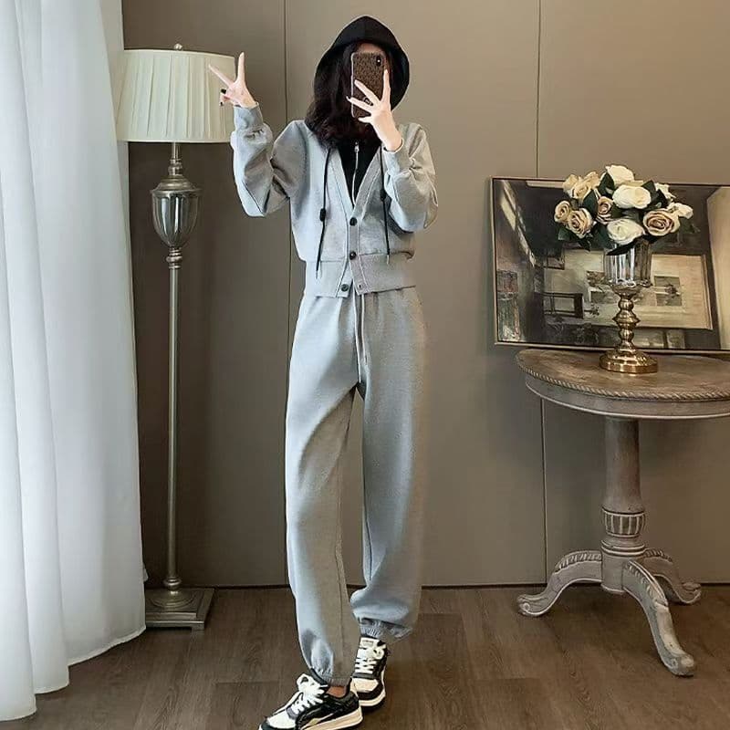 인터넷 유명인 튀김 거리 운동 캐주얼 세트 여성 가을 슬림해 보이는 패션 외국 가스 페이크 레이어드 후드티 조거 바지 투피스 세트 상세 이미지 4