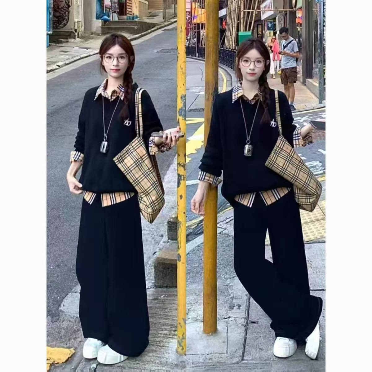 봄 가을 아메리칸 학원 스타일 스포츠 슈트 여성 지방 mm 빅 사이즈 슬림해 보이는 페이크 레이어드 후드티 루즈핏 캐주얼 투피스 세트