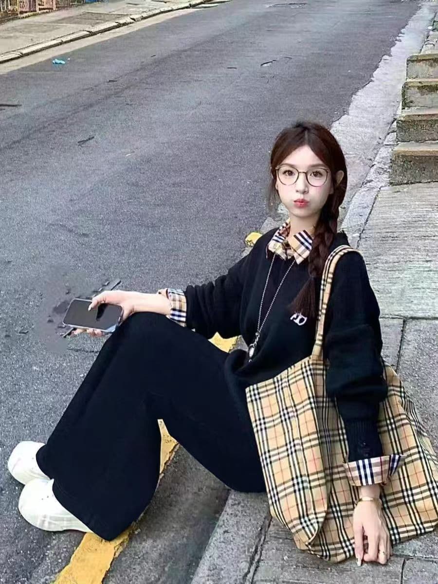 봄 가을 아메리칸 학원 스타일 스포츠 슈트 여성 지방 mm 빅 사이즈 슬림해 보이는 페이크 레이어드 후드티 루즈핏 캐주얼 투피스 세트 이미지 4