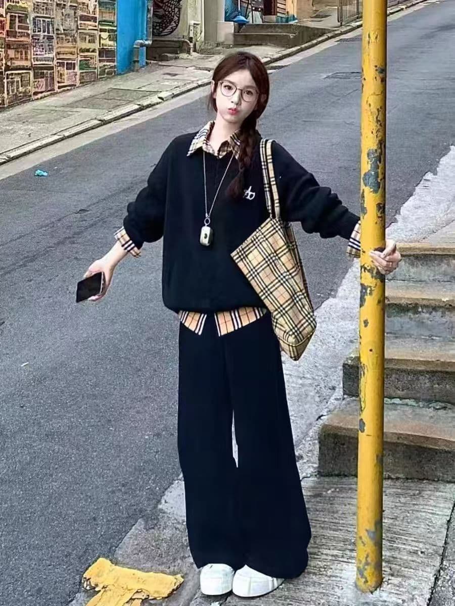 봄 가을 아메리칸 학원 스타일 스포츠 슈트 여성 지방 mm 빅 사이즈 슬림해 보이는 페이크 레이어드 후드티 루즈핏 캐주얼 투피스 세트 상세 이미지 2