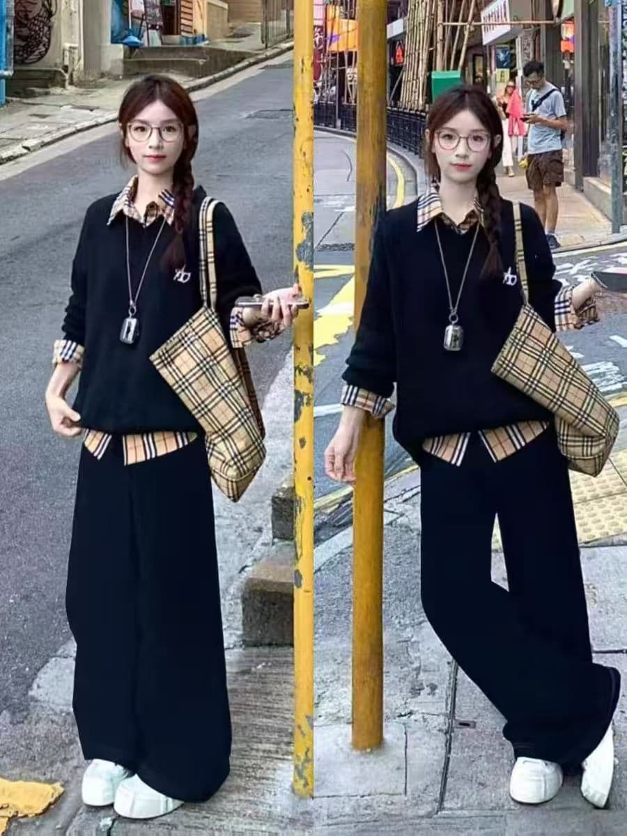 봄 가을 아메리칸 학원 스타일 스포츠 슈트 여성 지방 mm 빅 사이즈 슬림해 보이는 페이크 레이어드 후드티 루즈핏 캐주얼 투피스 세트 상세 이미지 4