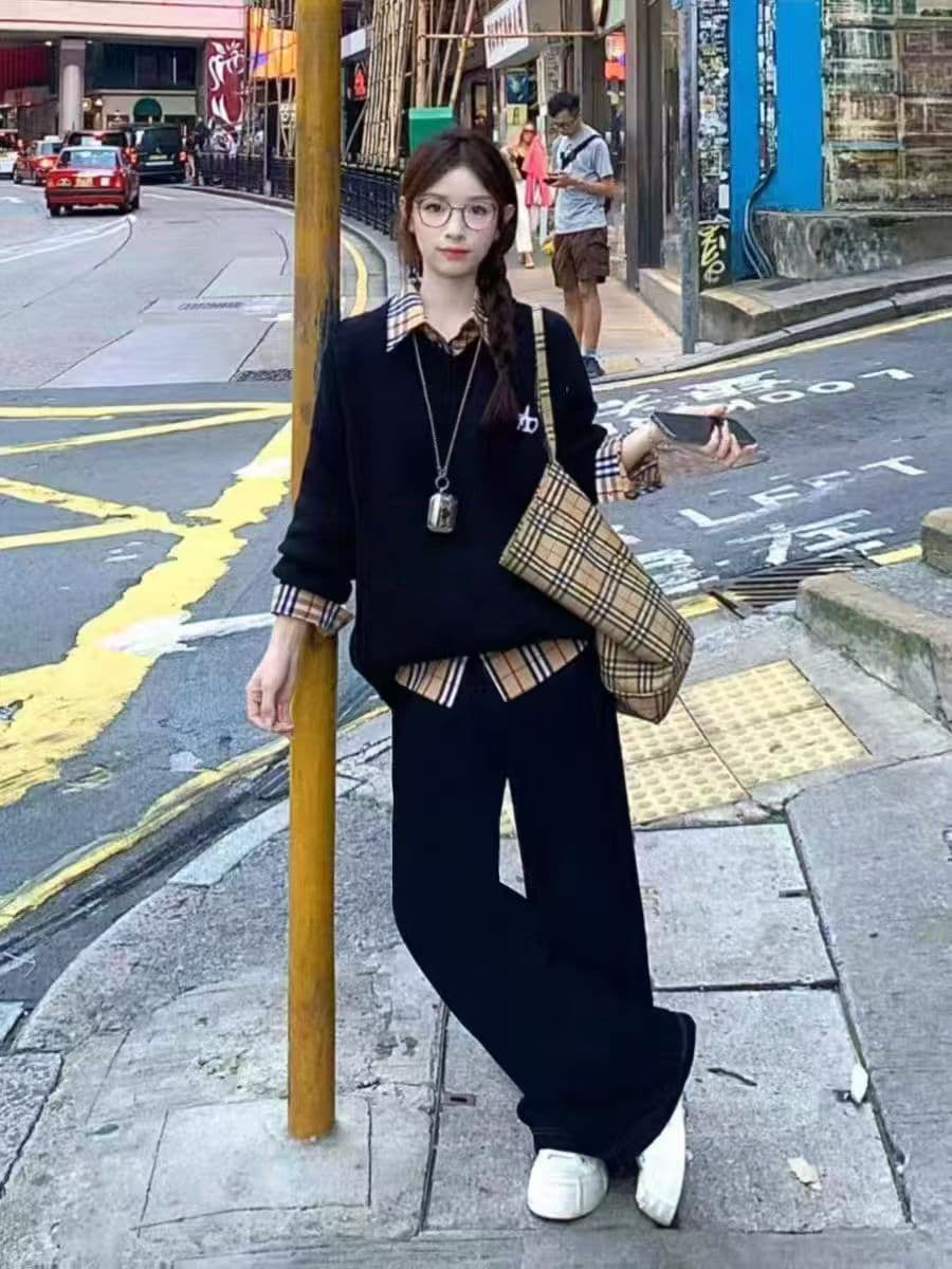 봄 가을 아메리칸 학원 스타일 스포츠 슈트 여성 지방 mm 빅 사이즈 슬림해 보이는 페이크 레이어드 후드티 루즈핏 캐주얼 투피스 세트 상세 이미지 5