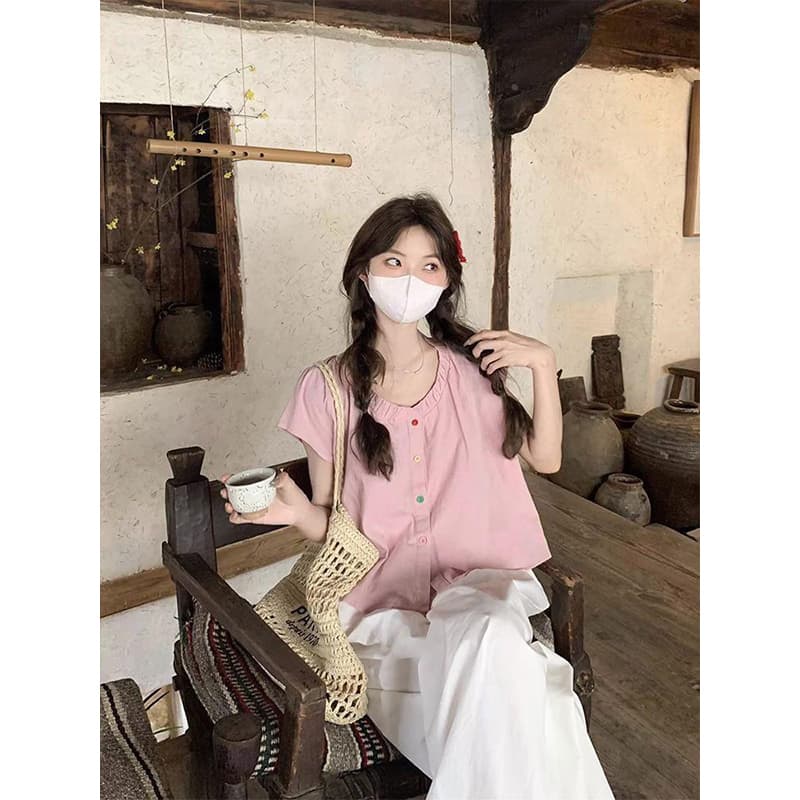 원본 솜씨 한 부서 신선함 셔츠 색상 단추 V넥 반팔 여성 셔츠 26 여름 새로운 티셔츠 맨위 상세 이미지 3