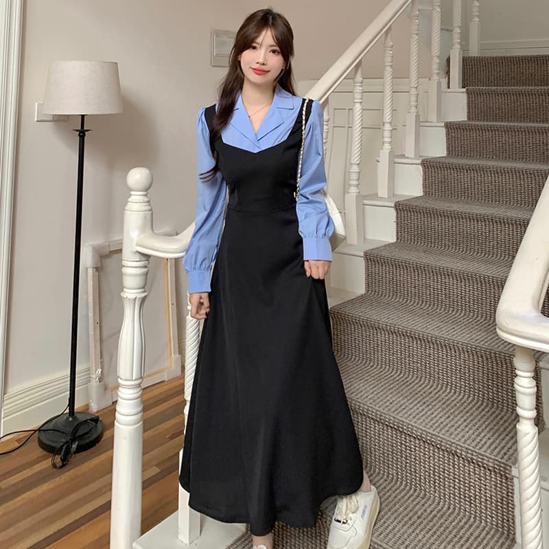 실사 이후 패키지 칼라 솜씨 새로운 배색 패치워크 페이크 레이어드 허리 수축 레이스업 한 마디 긴팔 드레스 상세 이미지 3