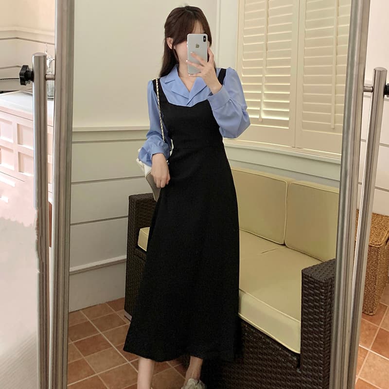 실사 이후 패키지 칼라 솜씨 새로운 배색 패치워크 페이크 레이어드 허리 수축 레이스업 한 마디 긴팔 드레스 상세 이미지 4