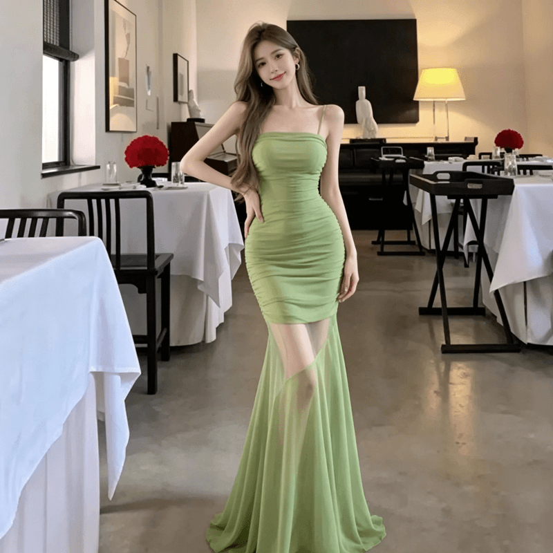 망사 패치워크 녹색 슬립 드레스 여성 여름 인어 꼬리 스커트 몸매 가꾸기 허리 수축 치마 디자인 센스 타이트 스커트 롱 스커트 트렌디 이미지 4