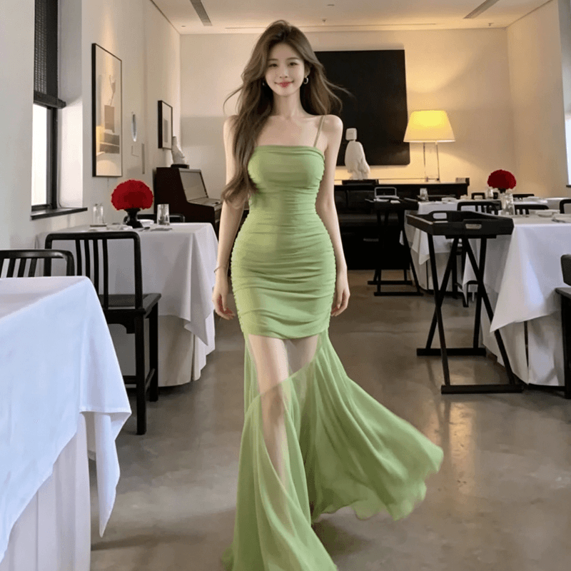 망사 패치워크 녹색 슬립 드레스 여성 여름 인어 꼬리 스커트 몸매 가꾸기 허리 수축 치마 디자인 센스 타이트 스커트 롱 스커트 트렌디 상세 이미지 2