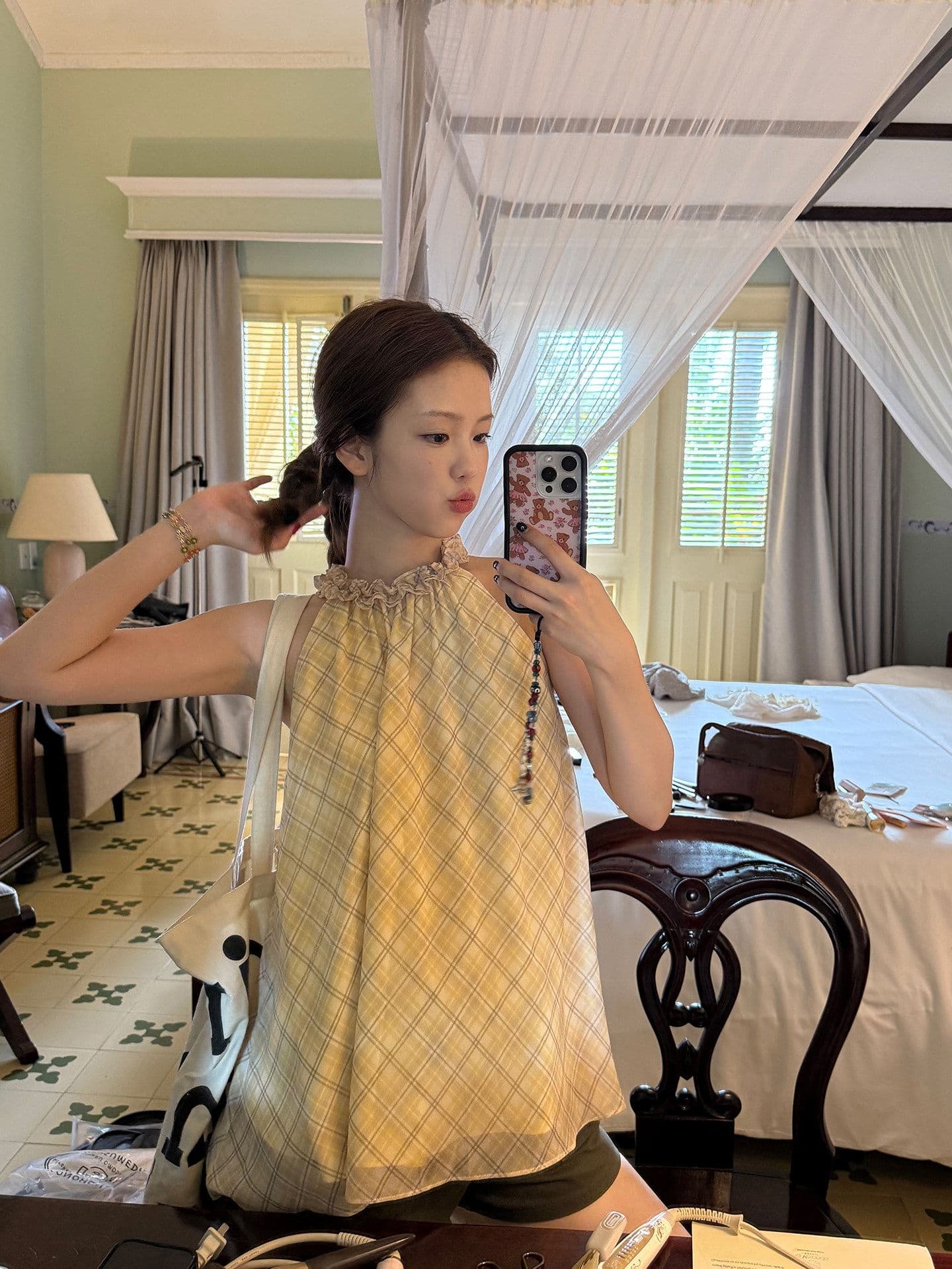 황색 체크무늬 달콤함 프릴 행침 목 민소매 조끼 여성 여름 얇고 가벼운 디자인 센스 작은 대중 루즈핏 슬림해 보이는 맨위 상세 이미지 1