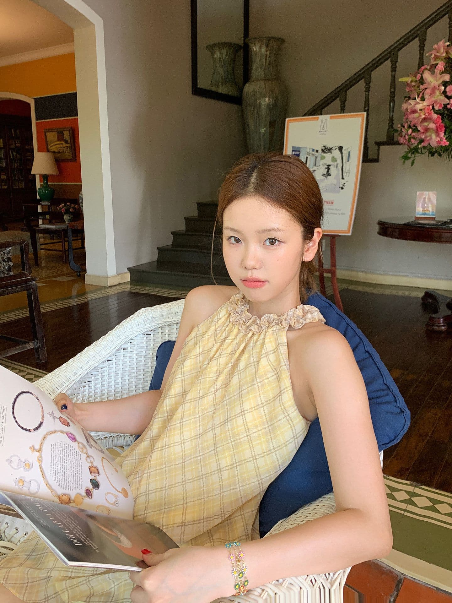 황색 체크무늬 달콤함 프릴 행침 목 민소매 조끼 여성 여름 얇고 가벼운 디자인 센스 작은 대중 루즈핏 슬림해 보이는 맨위 상세 이미지 2