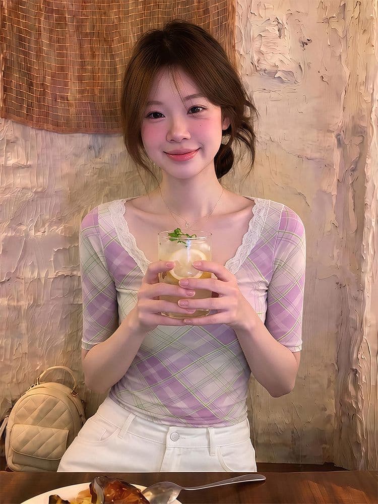 달콤한 스타일 휴가 체크무늬 V넥 레이스 조각 중간 소매 티셔츠 여성 여름 허리 수축 슬림해 보이는 쇼트 스타일 인사이드 가져 가라. 품격 맨위 상세 이미지 4