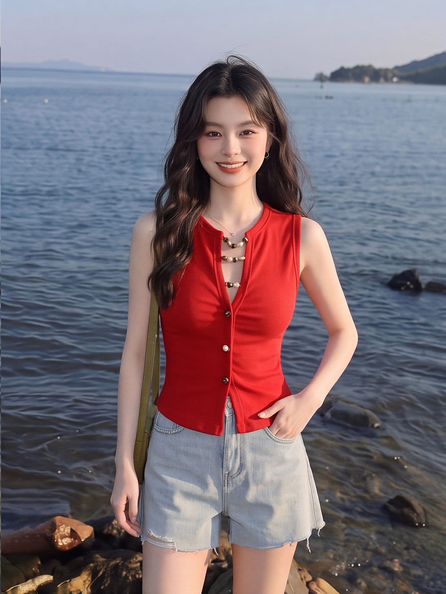 레트로 손 솔기 비즈 깊은 v 니트 조끼 여성 여름 눈길을 끄는 트로피컬 바람 민소매 작은 대중 디자인 센스 작은 맨위 이미지 3
