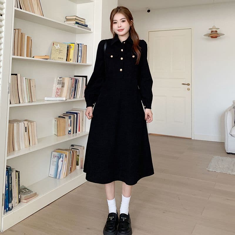 두꺼운 300g+ 이후 패키지 칼라 빅 사이즈 가을 겨울 그는 벤 바람 차 휴식 프랑스식 코듀로이 긴팔 드레스 이미지 4