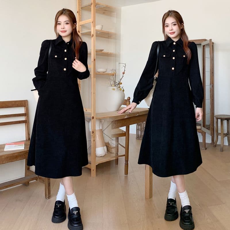 두꺼운 300g+ 이후 패키지 칼라 빅 사이즈 가을 겨울 그는 벤 바람 차 휴식 프랑스식 코듀로이 긴팔 드레스 상세 이미지 2