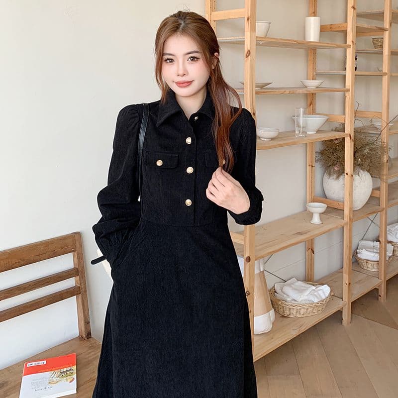 두꺼운 300g+ 이후 패키지 칼라 빅 사이즈 가을 겨울 그는 벤 바람 차 휴식 프랑스식 코듀로이 긴팔 드레스 상세 이미지 5