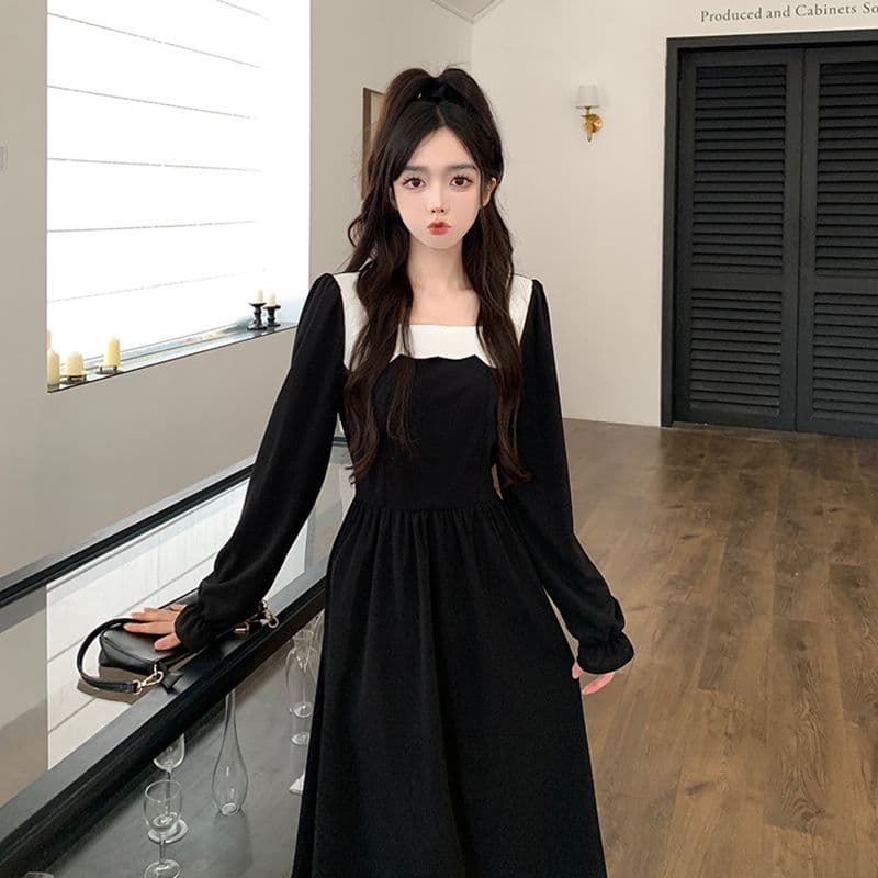 2026 년 가을 겨울 새로운 프랑스식 광장 칼라 패치워크 차 휴식 치마 허리 수축 슬림해 보이는 드레스 이미지 2