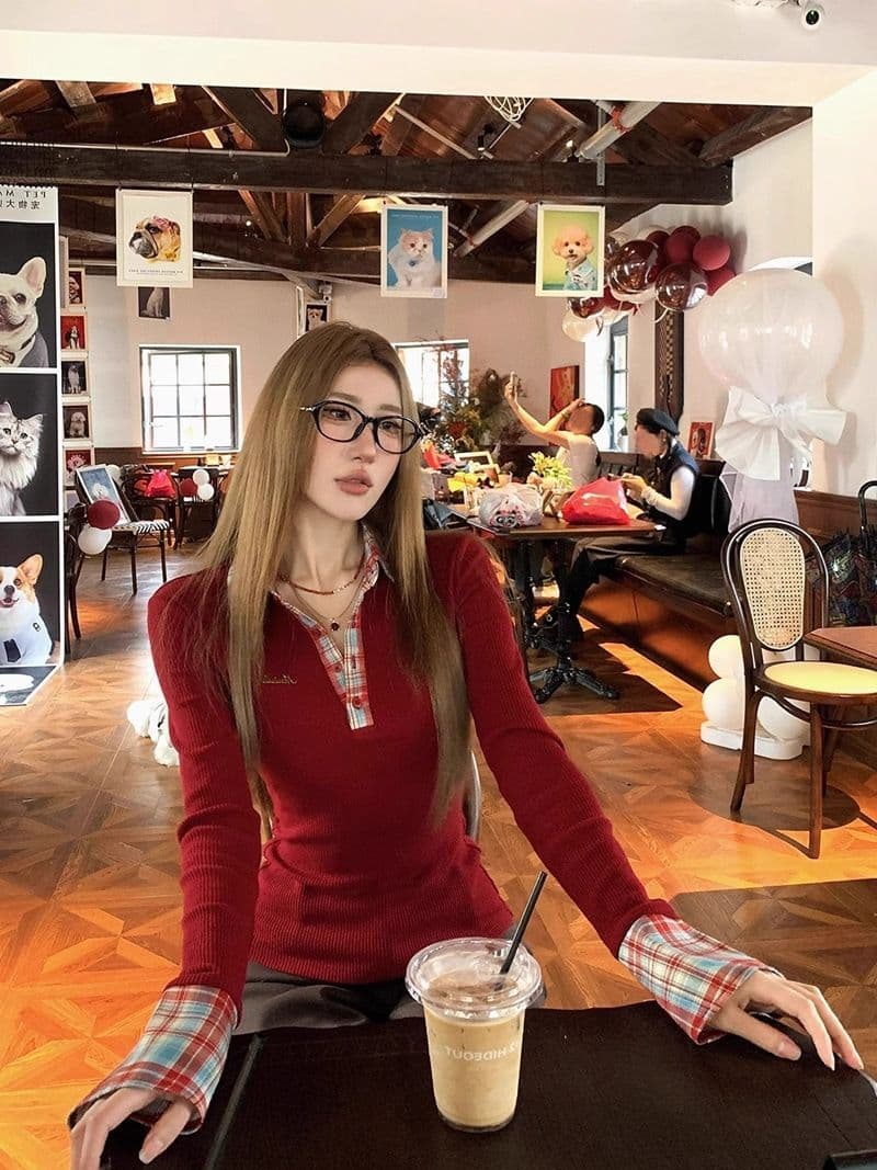 페이크 레이어드 패치워크 배색 체크무늬 긴팔 티셔츠 여성 가을 겨울철 POLO 칼라 몸매 가꾸기 슬림해 보이는 인사이드 가져 가라. 만나는 맨위 이미지 4