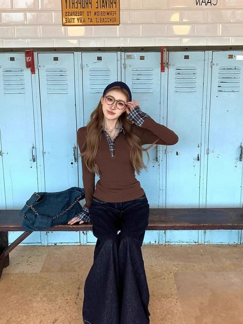 페이크 레이어드 패치워크 배색 체크무늬 긴팔 티셔츠 여성 가을 겨울철 POLO 칼라 몸매 가꾸기 슬림해 보이는 인사이드 가져 가라. 만나는 맨위 상세 이미지 2