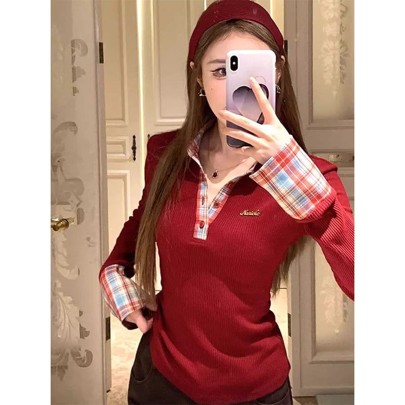 페이크 레이어드 패치워크 배색 체크무늬 긴팔 티셔츠 여성 가을 겨울철 POLO 칼라 몸매 가꾸기 슬림해 보이는 인사이드 가져 가라. 만나는 맨위 상세 이미지 3
