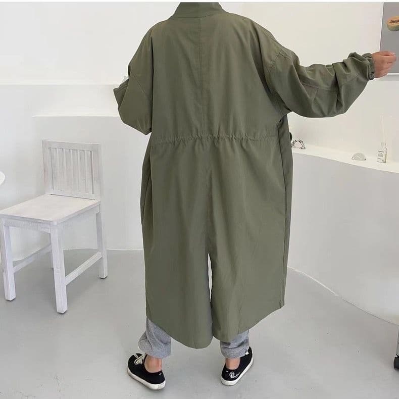 한국 chic 봄 가을 레트로 느긋한 바람 스탠드 칼라 싱글 줄 버튼 루즈핏 캐주얼 긴팔 중간 길이 바람막이 여성 코트 이미지 4