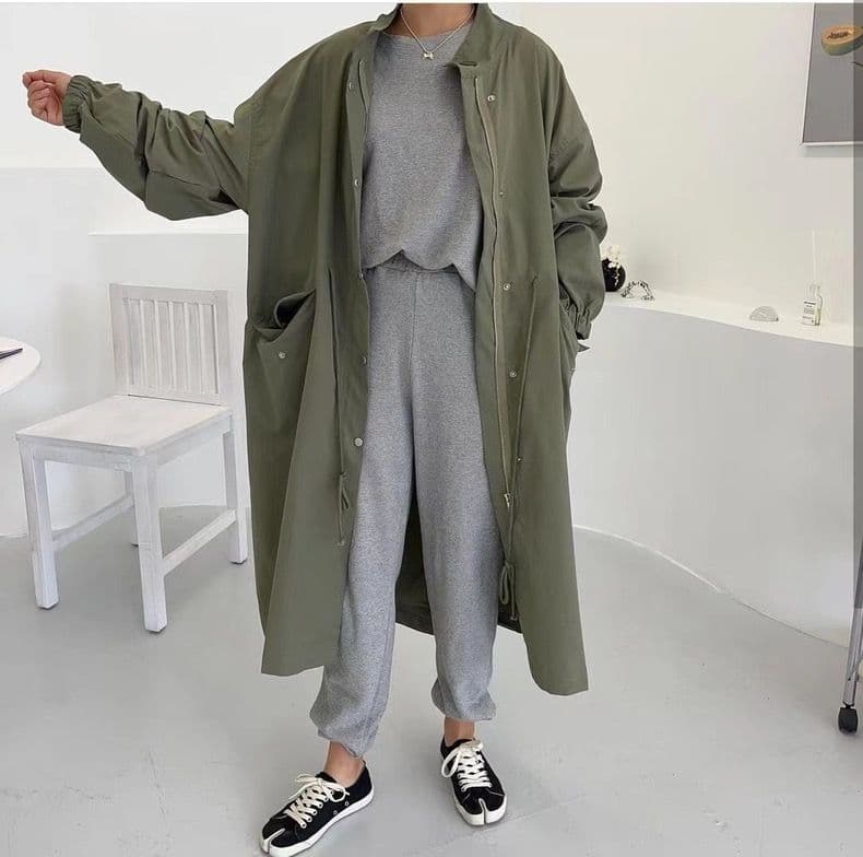한국 chic 봄 가을 레트로 느긋한 바람 스탠드 칼라 싱글 줄 버튼 루즈핏 캐주얼 긴팔 중간 길이 바람막이 여성 코트 상세 이미지 8