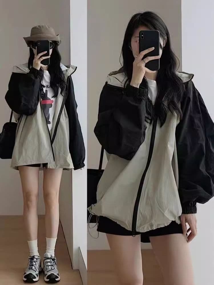 패치워크 색상 얇은 스타일 자켓 여성 코트 2027 봄 여름 새로운 레트로 야외 루즈핏 얇고 가벼운 통기성 자외선 차단 의류 여성 상세 이미지 1