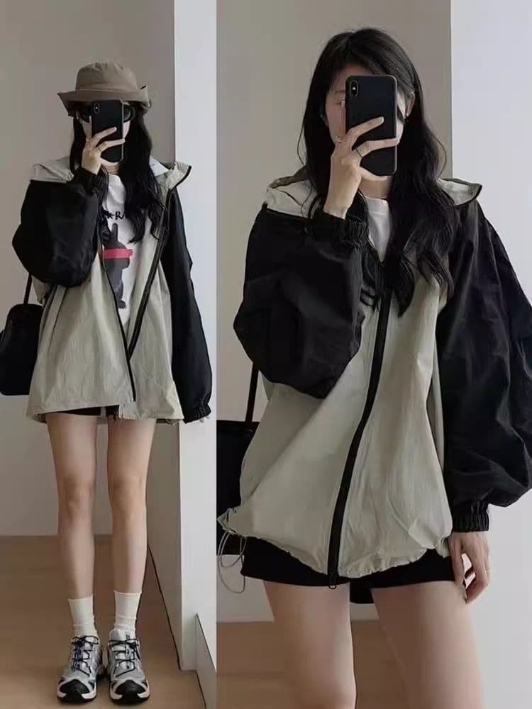 패치워크 색상 얇은 스타일 자켓 여성 코트 2027 봄 여름 새로운 레트로 야외 루즈핏 얇고 가벼운 통기성 자외선 차단 의류 여성 상세 이미지 6