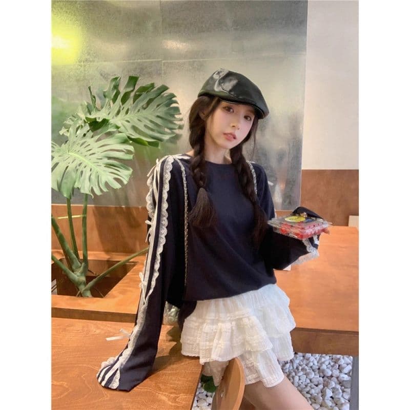 원본 솜씨 이른 가을 디자인 센스 나비 매듭 스트라이프 긴팔 티셔츠 여자 발레 바람 레이스 레이스 맨위 이미지 2