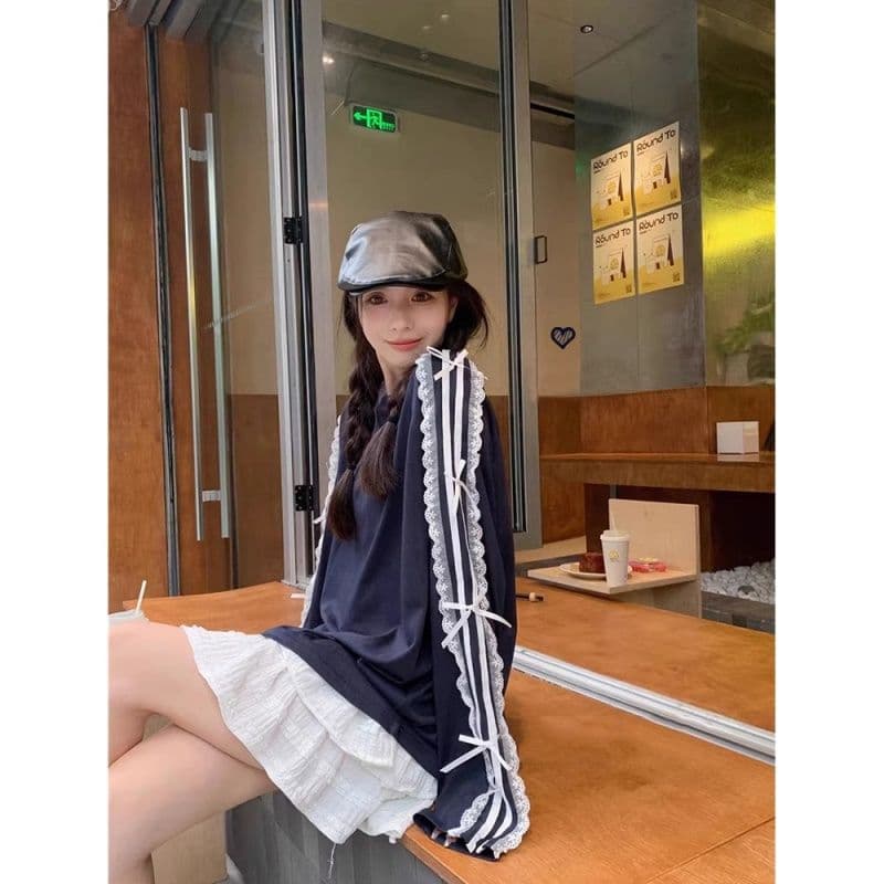 원본 솜씨 이른 가을 디자인 센스 나비 매듭 스트라이프 긴팔 티셔츠 여자 발레 바람 레이스 레이스 맨위 이미지 4