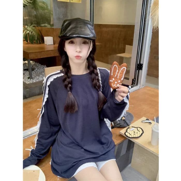 원본 솜씨 이른 가을 디자인 센스 나비 매듭 스트라이프 긴팔 티셔츠 여자 발레 바람 레이스 레이스 맨위 상세 이미지 4