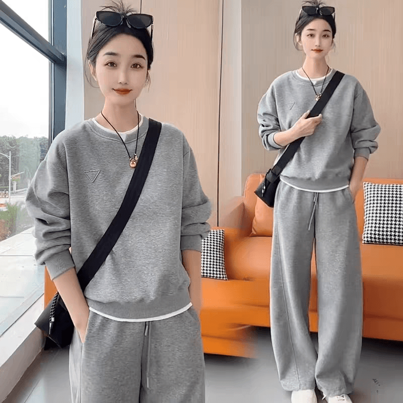 280 그램 유럽 한 새로운 캐주얼 세트 여성 가을 외국 가스 슬림해 보이는 라운드 넥 패치워크 후드티 와이드 레그 팬츠 투피스 세트 이미지 4