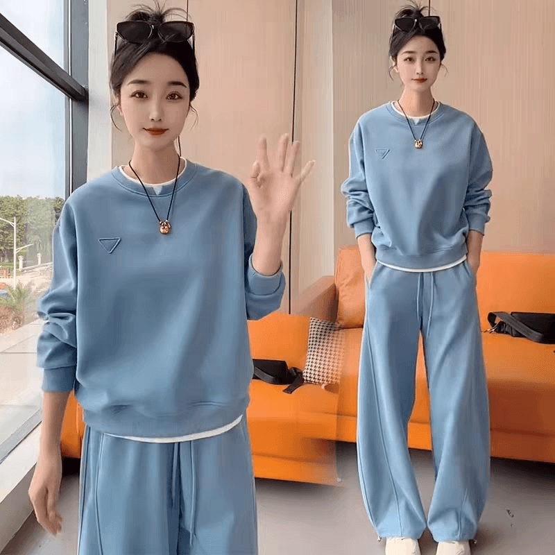 280 그램 유럽 한 새로운 캐주얼 세트 여성 가을 외국 가스 슬림해 보이는 라운드 넥 패치워크 후드티 와이드 레그 팬츠 투피스 세트 상세 이미지 3