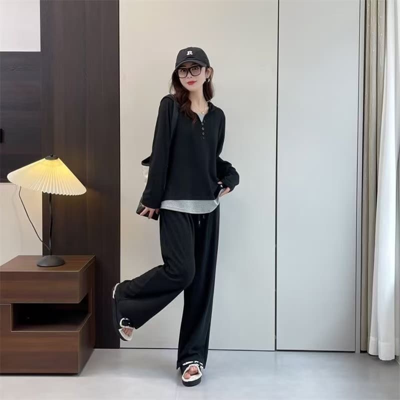 빅 사이즈 패치워크 페이크 레이어드 후드 패치워크 색상 맨위 캐주얼 긴팔 티셔츠 긴 바지 세트 루즈핏 슬림해 보이는 투피스 세트 이미지 5