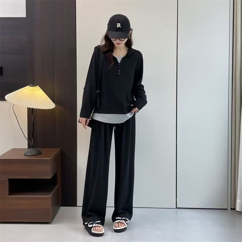 빅 사이즈 패치워크 페이크 레이어드 후드 패치워크 색상 맨위 캐주얼 긴팔 티셔츠 긴 바지 세트 루즈핏 슬림해 보이는 투피스 세트 상세 이미지 1
