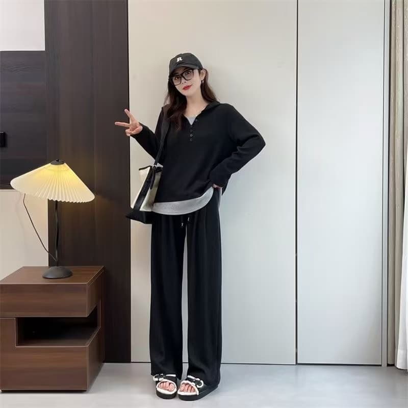 빅 사이즈 패치워크 페이크 레이어드 후드 패치워크 색상 맨위 캐주얼 긴팔 티셔츠 긴 바지 세트 루즈핏 슬림해 보이는 투피스 세트 상세 이미지 4