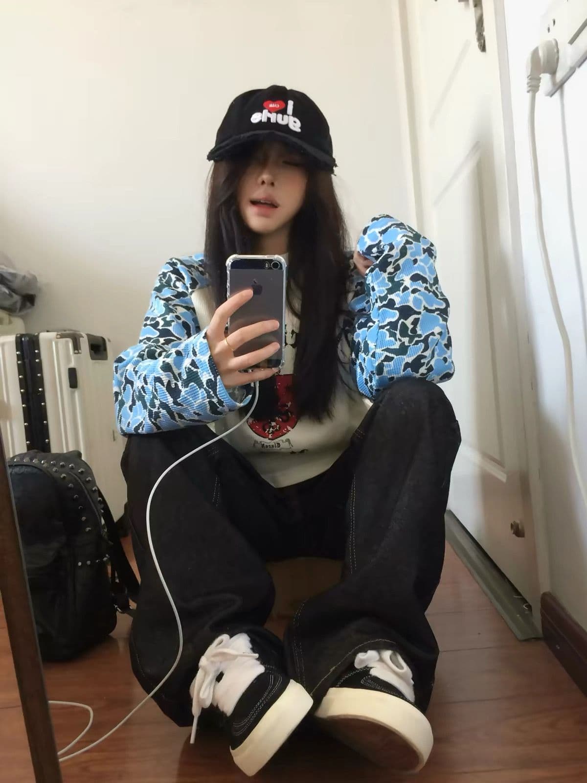 250그램 6535 후아 남편 그리드 봄 가을 신제품 후아 남편 그리드 프린트 긴팔 티셔츠 루즈핏 라운드 넥 상세 이미지 3