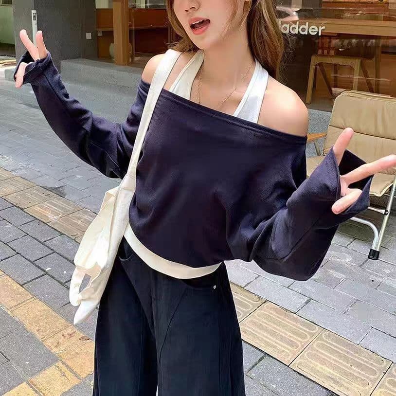 원본 원단 행침 목 조끼 긴팔 블라우스 페이크 레이어드 여성 세트 이른 가을 핫걸 외국 가스 슬림해 보이는 맨위 이미지 2