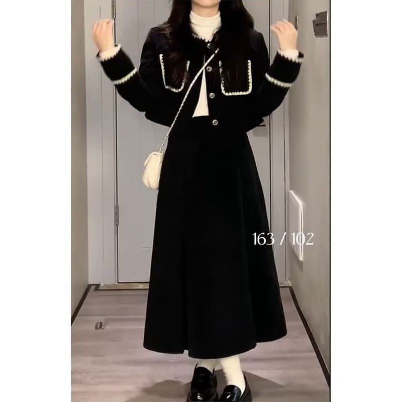 가을 여성 의류 고급 센스 작은 샤넬 스타일 재킷 패치워크 맨위 하이웨이스트 슬림해 보이는 반신 스커트 한 부서 세트 드레스 상세 이미지 1