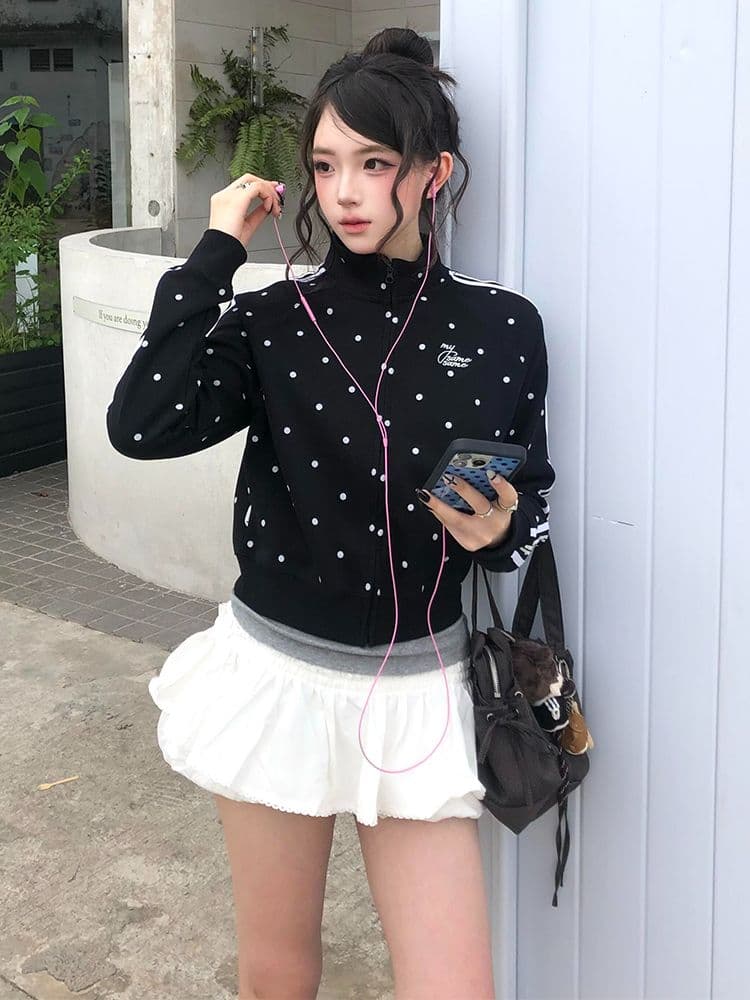 후아 면 복합 아메리칸 레트로 도트 무늬 스탠드 칼라 후드티 여성 코트 2026 이른 가을 오픈 가디건 맨위 이미지 3