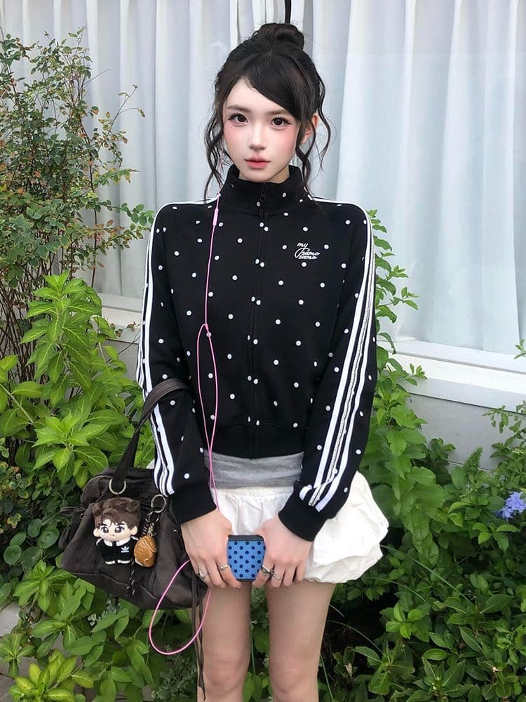 후아 면 복합 아메리칸 레트로 도트 무늬 스탠드 칼라 후드티 여성 코트 2026 이른 가을 오픈 가디건 맨위 상세 이미지 3