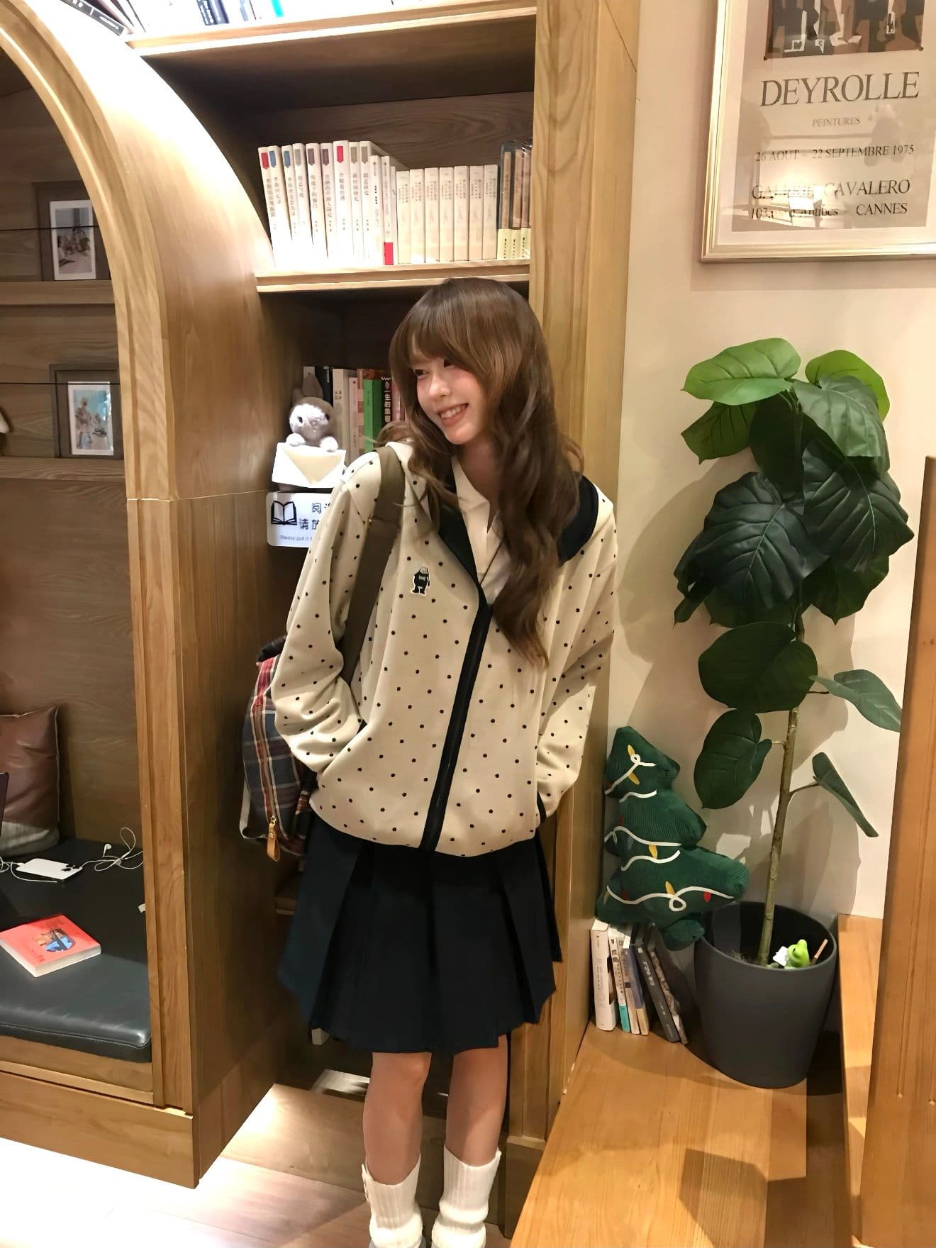 후아 면 복합 도트 무늬 후드 오픈 가디건 남녀 루즈핏 명중 검은 색 테두리 자수 지퍼 후드티 재킷 이미지 3